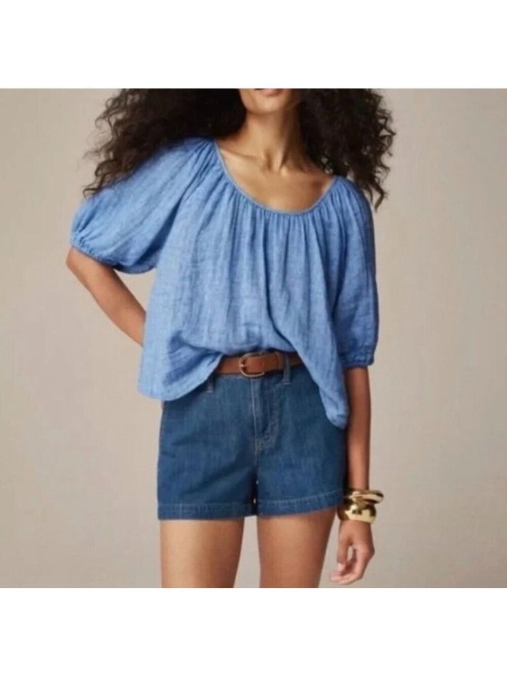 NEW J.Crew Blue Swingy Puff Sleeve Top Womens Small Cotton Linen Blend gauzy NWT
